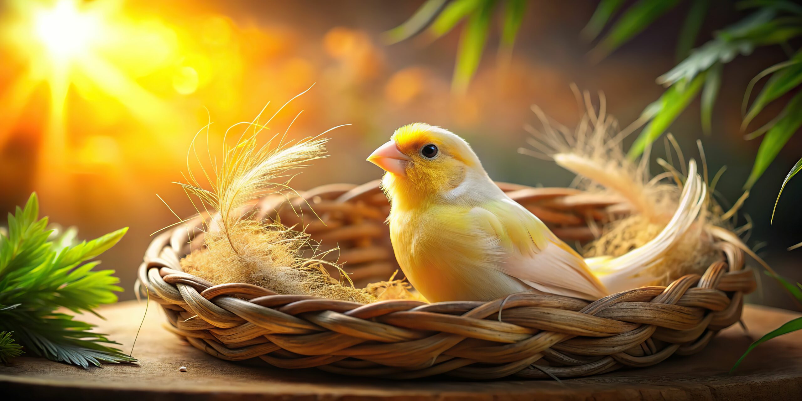 Canary in a nest with rising sun ont he background